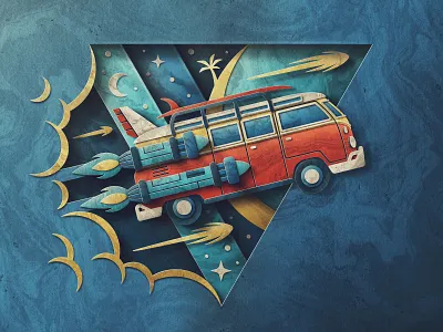 Get in My Space Van depth paper retro rocket san diego skeuomorphic space stars surf texture van van life