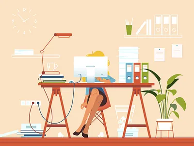 Girl busy at workplace businesswoman exhausted flat girl illustration kit8 office vector work workaholic workplace