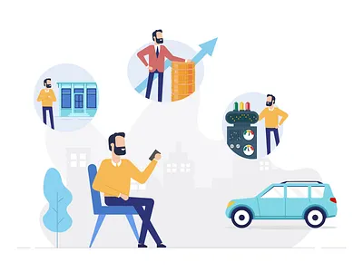 Illustration for loan against your car building business car character illustration loan money product vector web