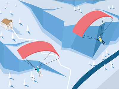 Paragliders above the winter landscape advertisement graphic design illustration isometry sport winter scene