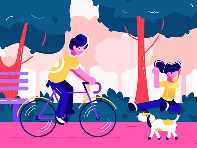 Morning in the urban park. activity bench bicycle character city design dog flat happy illustration park people riding sport spring summer tree vacation vector yoga