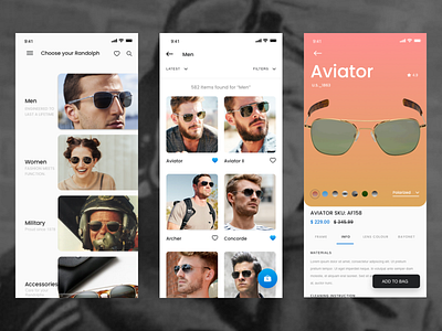 Randolph Engineering Sunglasses Redesign aviators brand design mobile app design randolph engineering sunglasses ui ux