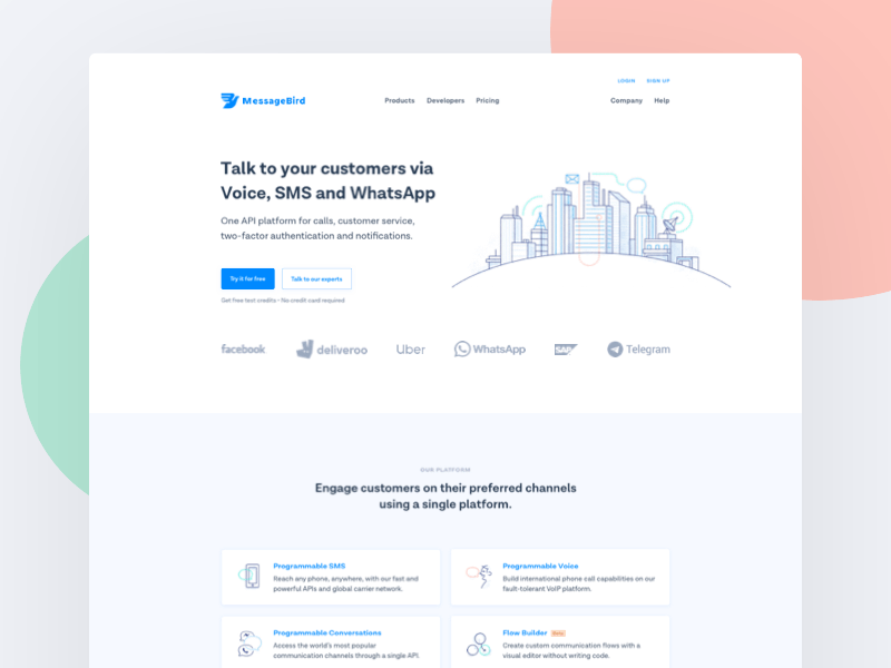 MessageBird Homepage cards code cta customers developers enterprise form home homepage illustration landing minimal page sms snippet telecom telecommunications testimonial voice white