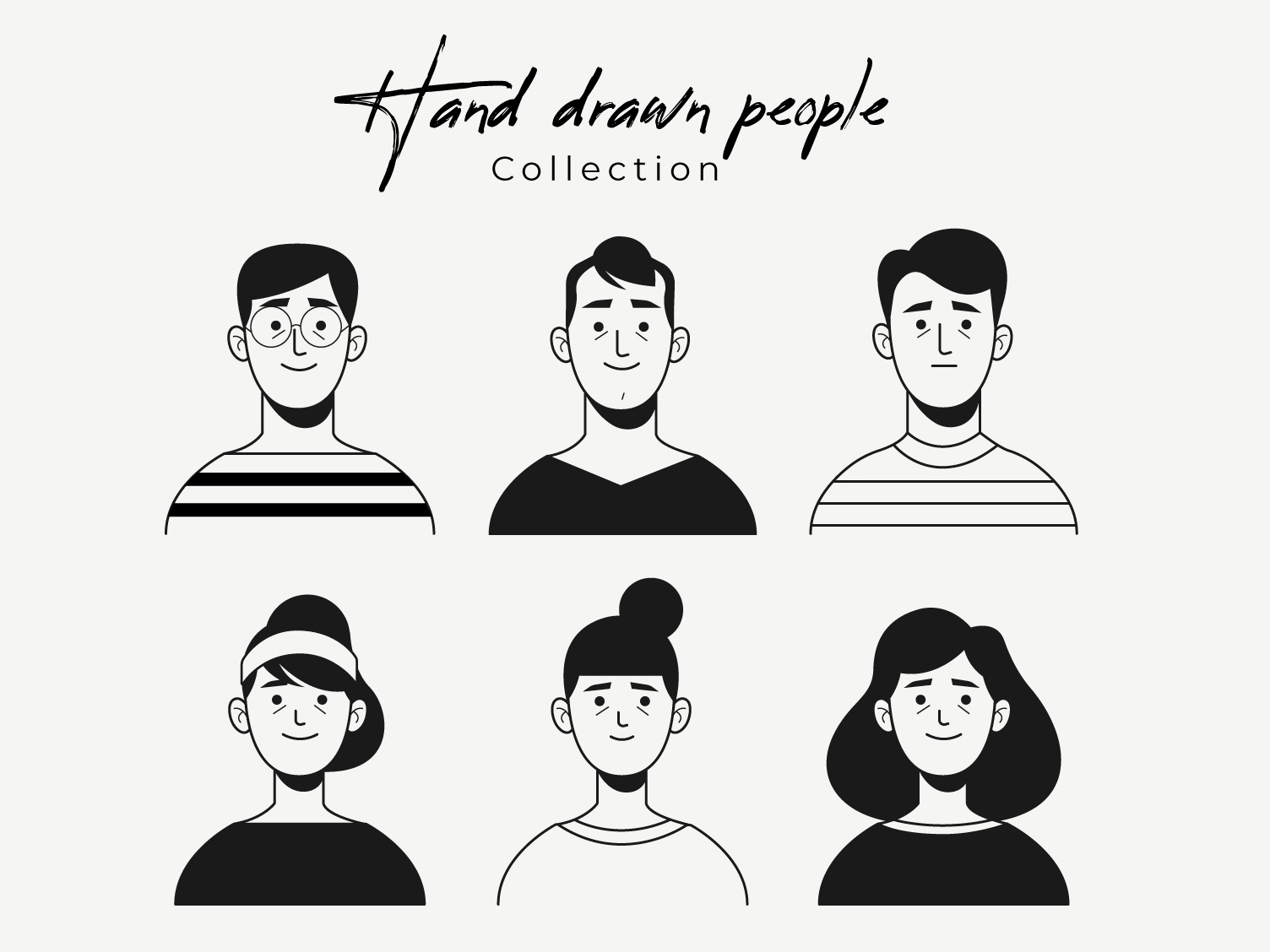 Example of Hand drawn colorless people avatar collection