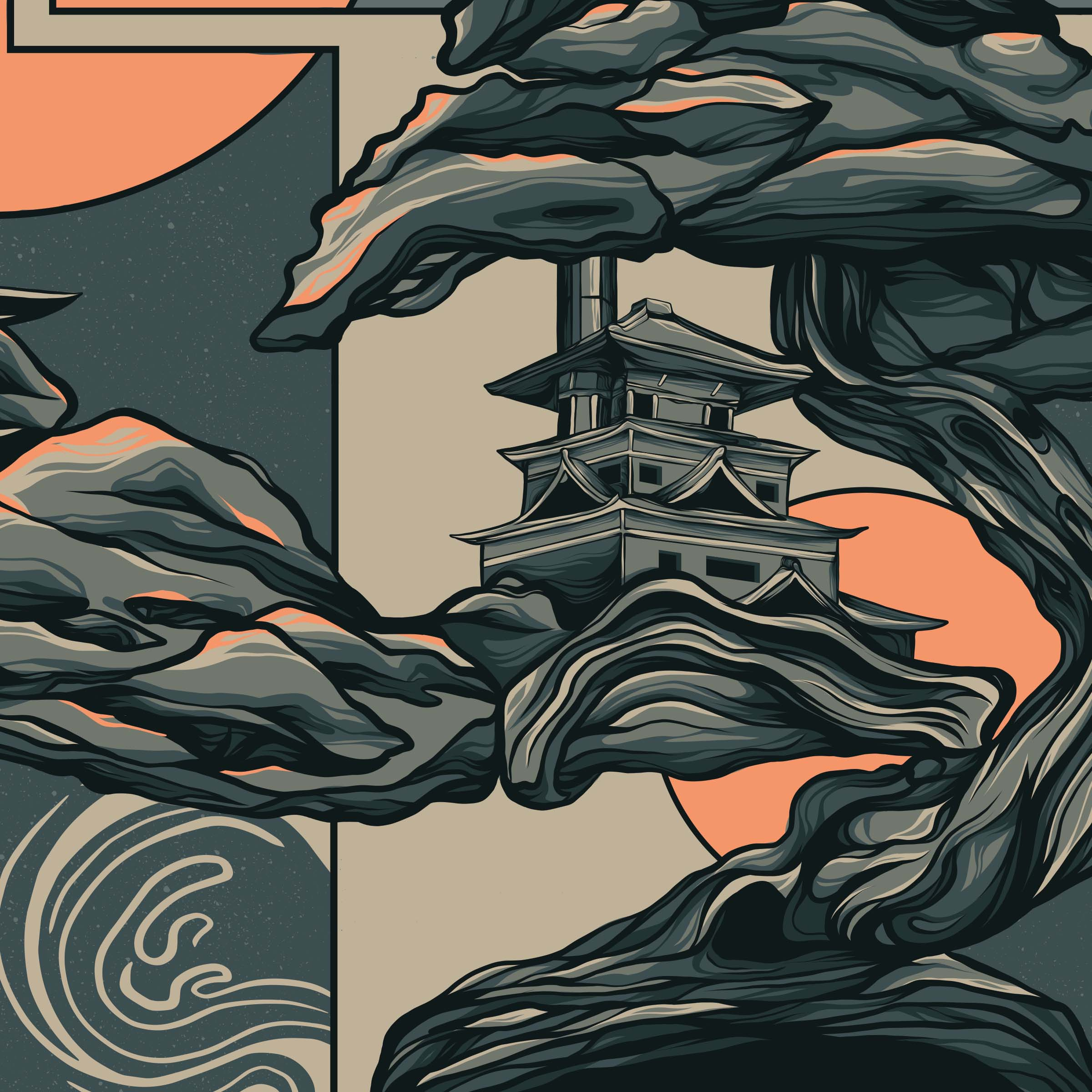 Houses of the People blue bonsai tree branding case study digital illustration dribbble dystopian futurism green illustration jungle landscape minka huts peach poster art print design sun surrealism tree house trees vector