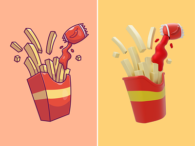 French fries🍟🍟🍟 3d design blender cute eating fast food flat food french fries fries fyling icon illustration ketchup logo mascot mcdonalds potato sauce