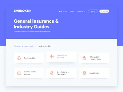 Insurance & Industry Guides Page app design cards fintech guides hover effect icon information architecture insurance interaction design interface design landing page ui ux design web page
