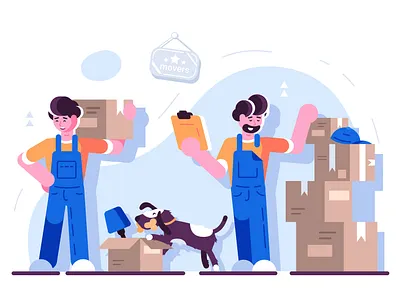 Movers at work box cargo character cute delivery design dog employee flat goods happy home illustration job male package smile team vector worker