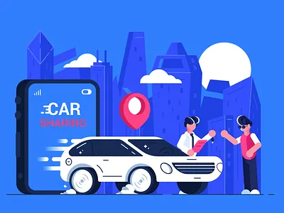 Car sharing service application auto automobile business people car car app character city design driver flat illustration parking phone rent share street taxi transport vector