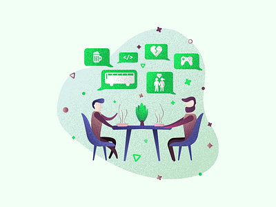 Lunch conversation topics :) 🍛🍽️🍗 beer bus chair coding conversation cure dinner dinner table eating friends gaming heart lunch plants product illustration stars ui ui illustration uiux