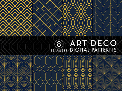 8 Seamless Art Deco Patterns - Gold & Navy Blue - Set 1 art deco design bundles designbundles.net pattern patterns vector patterns