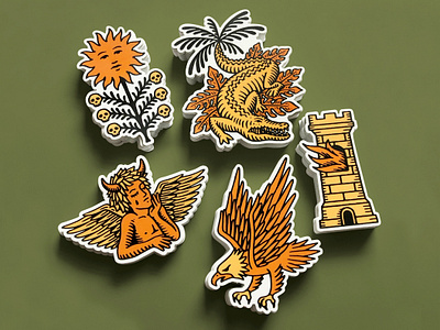 Sticker Pack design eagle florida gator graphic design illustration logo merch occult sticker sticker pack stickers sun tarot tower travis pietsch vintage woodcut