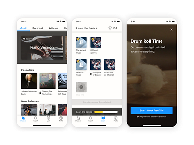 ClassicAll app concept bottom bar cards classical music discovery gamification horizontal layout horizontal scroll iphone x learn paywall premium tabs