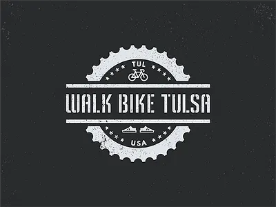 Walk Bike Tulsa badge bike bike lane branding crank crosswalk cycling design illustration logo oklahoma road shoe sprocket stencil street transit tulsa walkability walking
