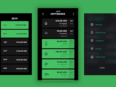 Bills to pay app bills concept dark design finance green minimal mobile simple ui ux