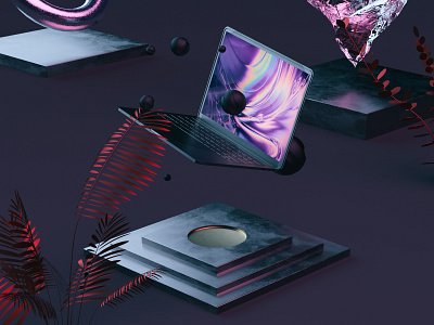 Atmospherical 3d scene with macbook 3d abstract atmosphere c4d cg cinema composition design geometric ice interaction light macbook macbook mockup mockup notebook octane octane render plants scene