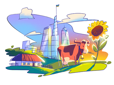 Diverse Ukraine art city cow design design studio digital art digital illustration digital painting graphic design houses illustration illustrator landscape peace peaceful procreate stand with ukraine summer sunny ukraine