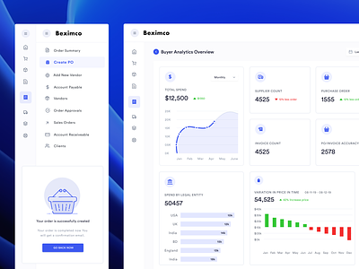 Buyer Analytics Overview account payable add new vendor buyer analytics screen buying and selling platfrom create purchase order dashboard desktop web app design e commerce web app design invoice count order summary product design saas products sales orders supplier count total spend ux vendors web app