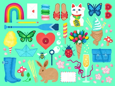 Happy Spring! bee bunny butterfly champagne cherry blossom colorful flowers holiday illustration illustrator lucky cat macaron mushroom pocky postcard rainbow spring springtime sunglasses vector