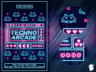 Techno Arcade New 4 Flyer Template 90s abstract arcade bash bundle club concert daminda dance dj edm electro electronic festival flyer instrument music neon neon light party