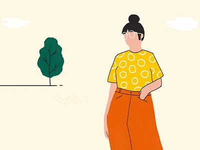 Waiting girl clouds fashion flat garden girl glasses green illustration orange outline spring tree yellow