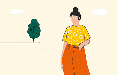 Waiting girl clouds fashion flat garden girl glasses green illustration orange outline spring tree yellow