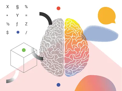 Complexity of the Team brain cerebral hemisphere complexity creativity flat illustration logic pink remote team vector yellow