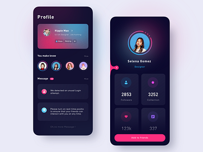 Social App_Dark app card chat color dark dark mode design people social