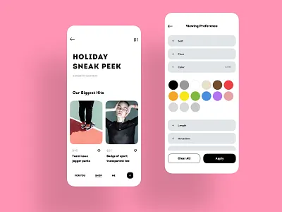Shopping App app basket clean ecommerce fashion feed filter flat ios minmal mobile mobile designer photo pink preferences shop shopping shopping app