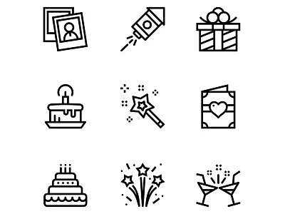 Birthday, Event, Celebration Icons Set 2 birth birthday box cake celebrate celebration date drink enjoy event firework fireworks flat fun gift happy holiday line magic new year