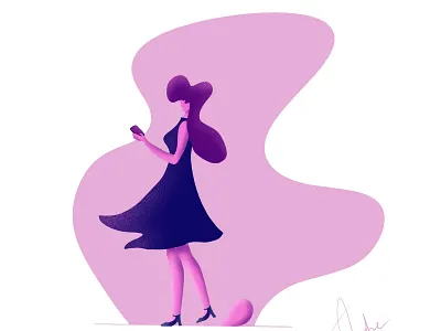 Lady in blue dress blue dress illustration lady phone purple walking