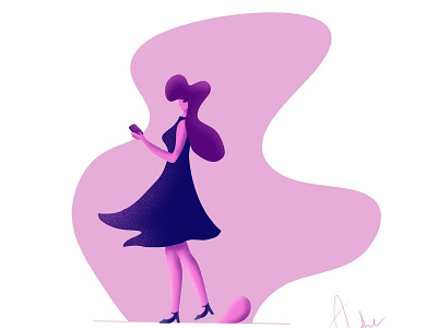 Lady in blue dress blue dress illustration lady phone purple walking