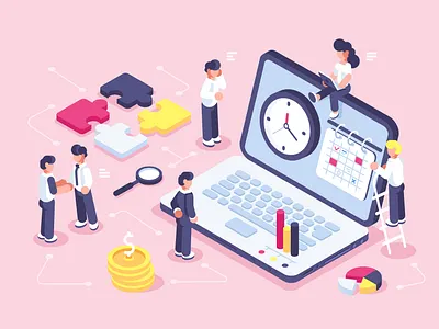Time management concept business people character clock design flat illustration isometric laptop management notebook office people planning puzzle shedule team teamwork time vector work