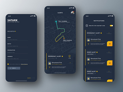 SATARK DARK | SAY NO TO CRIME, HELP OTHERS app app design app designer apple crime design india ios app log in maps police status ui uidesign uiux user interface design ux web