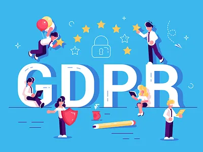 GDPR concept. Data protection access business business people character code communication computer data design europe flat illustration internet letter people privacy protection shield star vector