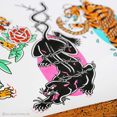 Crawling Cats alana tomlin alanatomlin american traditional babrb wire barbwire cat leopard panther pink rose tattoo tiger