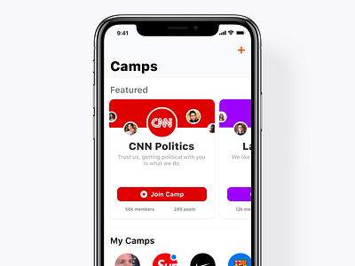 Discover Camps 🏕 app app store bonfire camp card featured group groups ios iphone orange room ui ux