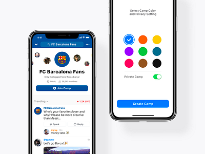Camp Customization app apple barcalona bonfire camp chat color fans feed group ios iphone post room stream ui ux