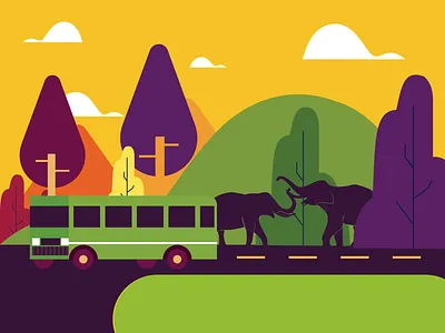 City and forest bus bus and road elephants forest illustration mountain plants road trip sky trees vector vector art vector illustrations violet yellow