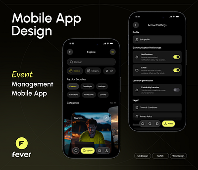 Event Booking Mobile App – Dark UI Concept 🎟️ agency android app booking branding dashboard design event event app evet management app graphic design homepage design illustration ios landing page logo mobile app navigation menu ui uiux design