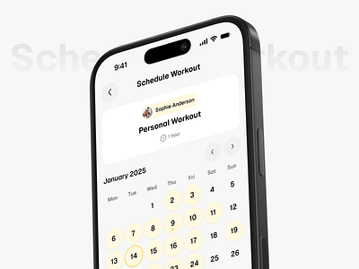 Fitness mobile app | Workout scheduling 2025 calendar confirmation design figma mobile mobile app schedule ticket ui working days working hours workout workout confirmation workout schedule yellow