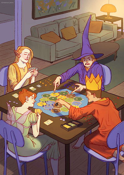 Catan night with cousins cristina llera digital illustration drawing editorial illustation illustration