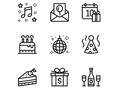 Birthday, Event, Celebration Icons Set 3 birth birthday cake calendar celebrate celebration champagne date disco enjoy event flat fun gift happy hat holiday line mail music