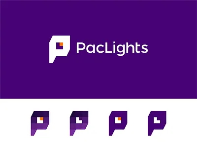 PacLights logo: PL monogram, L in negative space + light bulb colorful creative flat 2d geometric l led lights letter mark letter mark monogram logo logo design lp luminaires manufacturer monogram negative space p pl spectrum vector icon mark symbol