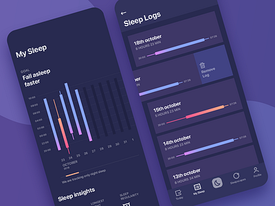 Sleep chart app chart dark logs night sleep ui ux vector violet