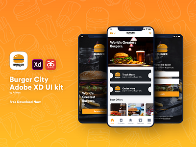 Burger City - Free Adobe XD UI kit adobe app branding burger consept design food food app free ui kit graphicdesign illustration mobileapp ui ui kit uiux ux vector