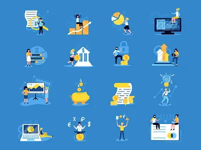 Money and accounting set accouning app audit bank blue branding buisness cash character design coin color document flat illustration illustrator money office piggybank vector web