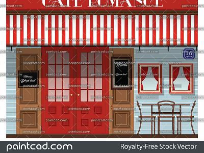 Exterior facade of cafe in retro style with name ROMANCE architecture bistro business cafe cafe branding city coffee coffeehouse confectionery elevation exterior facade retro romance store urban vector illustration