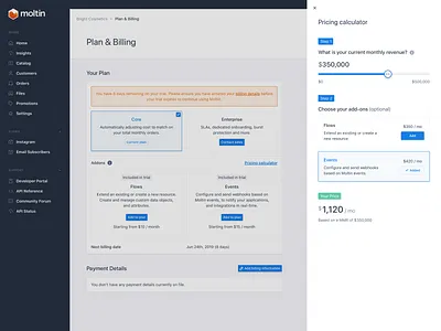 Pricing Calculator Concept api billing calculator commerce dashboard ecommerce enterprise moltin payments pricing subscription