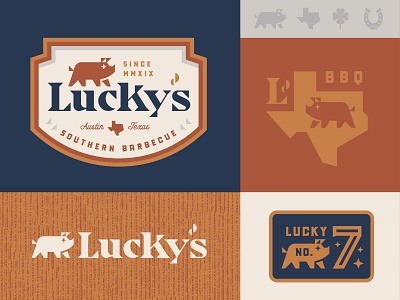 Lucky's BBQ badge bbq branding food icons illustration logo lucky pig texas